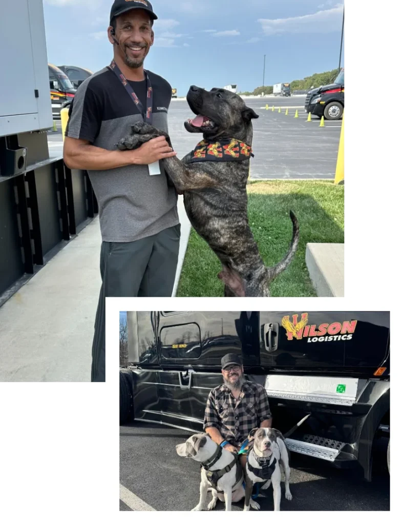 Wilson Logistics drivers with their dogs, including a driver and two dogs in front of a Wilson truck